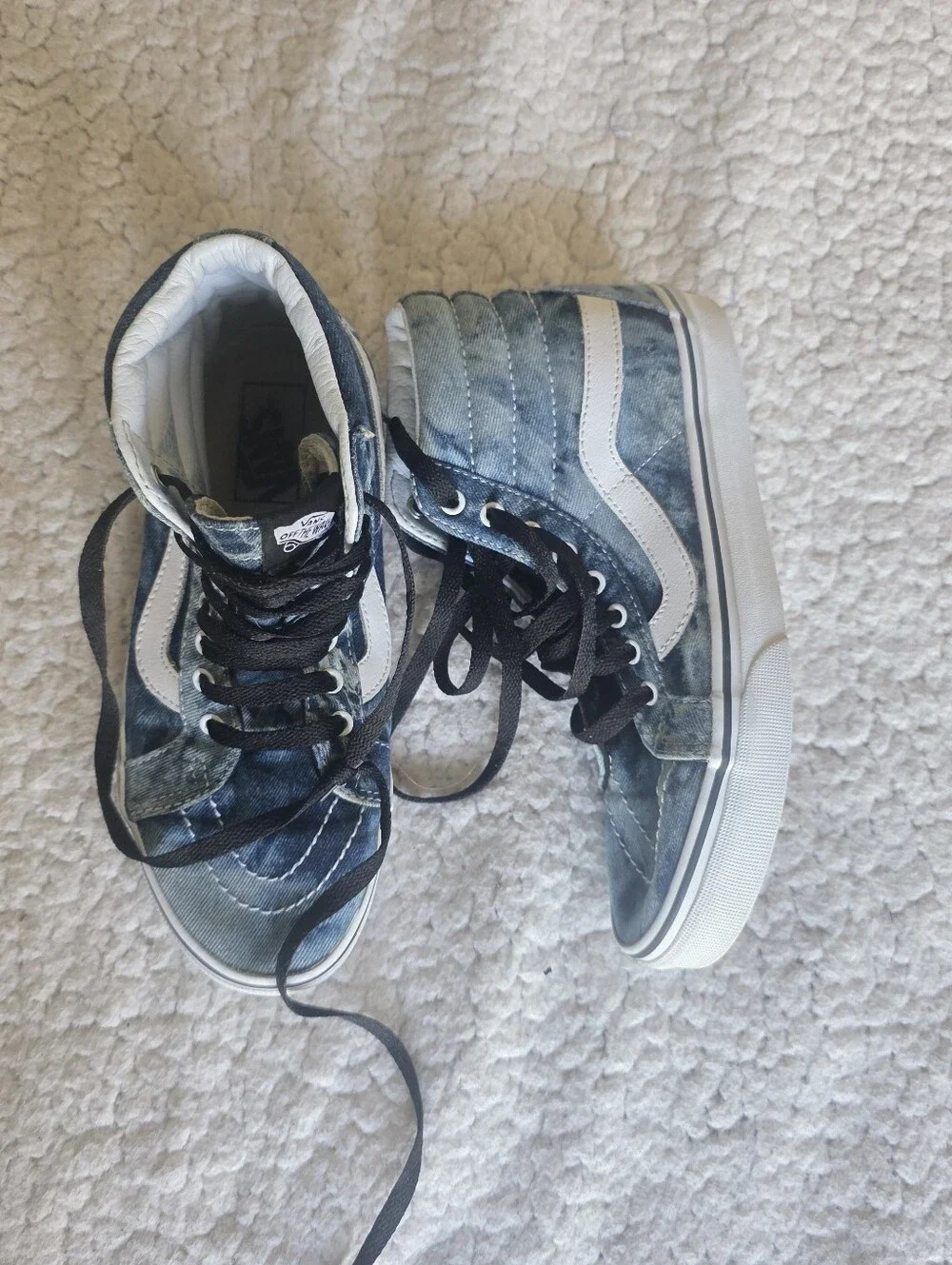 Vans Sk8-Hi High Top Acid Wash Denim Skate Shoes Mens 6 Womens 7.5 Blue White